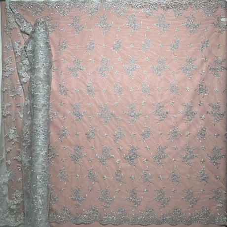 1 Yard Corded Bridal Lace Fabric Embroidered on Polyester Net Mesh Silver for Wedding and Evening Gowns – 51"