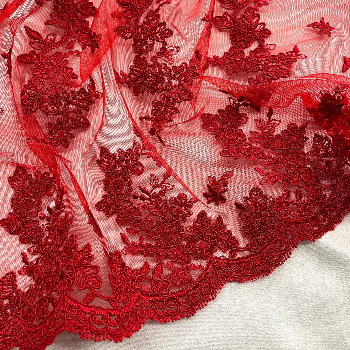 Corded Bridal Lace Fabric Embroidered on Polyester Net Mesh 54"