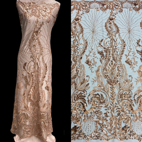 Beaded Lace Fabric Embroidered On 100 Percent Polyester Net Mesh - Gold, 51" Width (1 Yard)