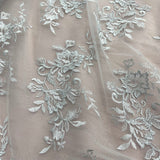 1 Yard - Corded Bridal Lace Fabric Embroidered on 100% Polyester Net Mesh Ivory with Silver - 53"