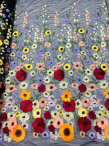 Multi Color Sun Flower 3D Design Embroidered Mesh Lace Fabric - Multi Color Sun Flower, Double Scallop, 48/50" Width (1 Yard)