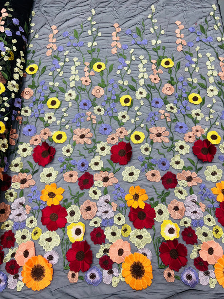 Multi Color Sun Flower 3D Design Embroidered Mesh Lace Fabric - Multi Color Sun Flower, Double Scallop, 48/50" Width (1 Yard)