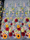 Multi Color Sun Flower 3D Design Embroidered Mesh Lace Fabric - Multi Color Sun Flower, Double Scallop, 48/50" Width (1 Yard)