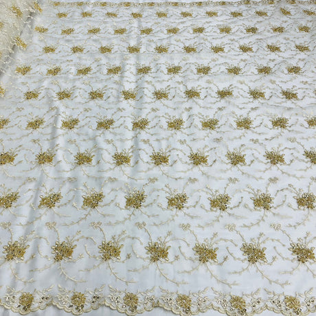 1 Yard Beaded Corded Bridal Lace Fabric Embroidered on 100 Percent Polyester Net Mesh Gold