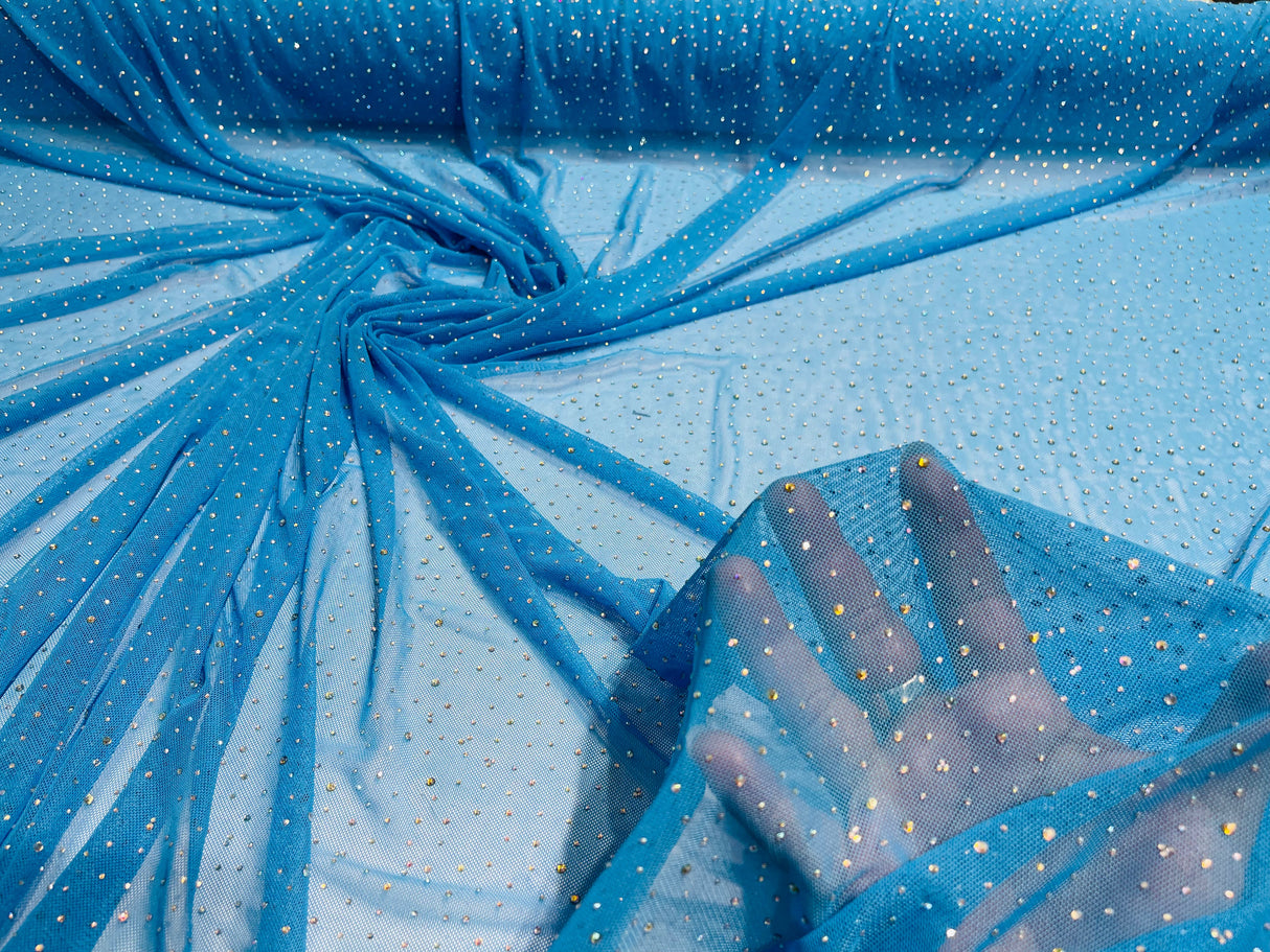 Sheer All Over AB Rhinestones Stretch Power Mesh Fabric - Colorful Rhinestone Embellishment, 58IN WIDTH (1 Yard)