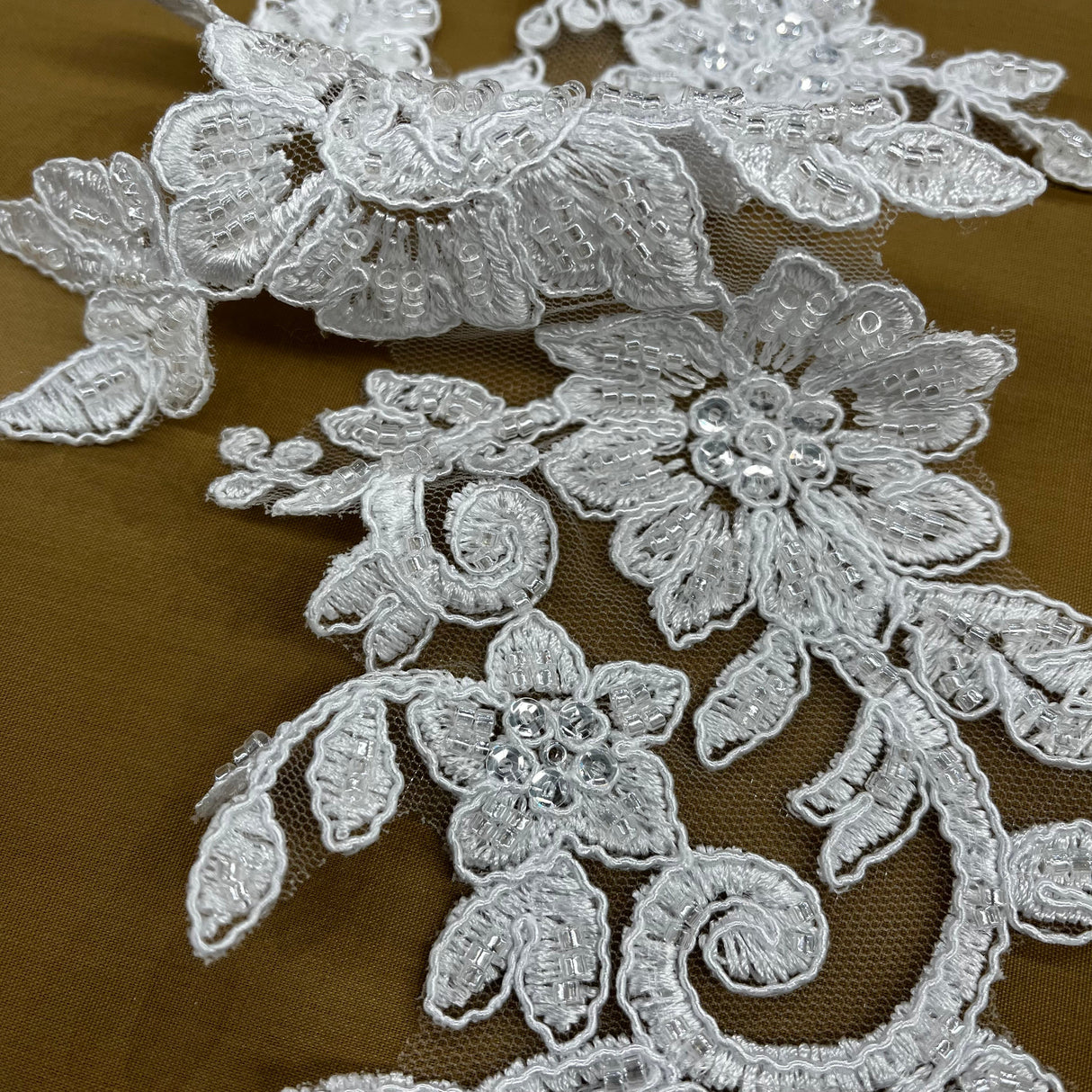Beaded Corded Floral Lace Applique on Polyester Net Mesh