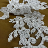 Beaded Corded Floral Lace Applique on Polyester Net Mesh