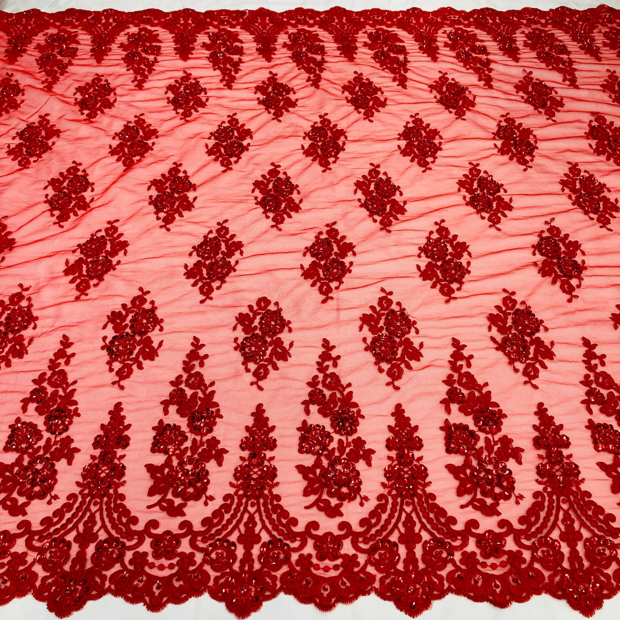 Beaded Corded Lace Fabric on Polyester Net Mesh