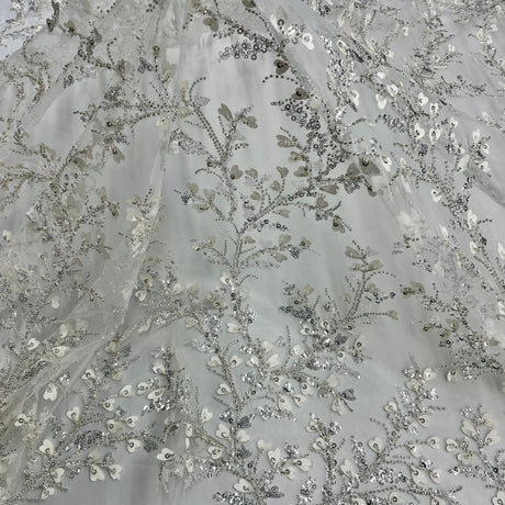 Beaded 3D Floral Lace Fabric - Ivory With Silver, 54" Width (1 Yard)