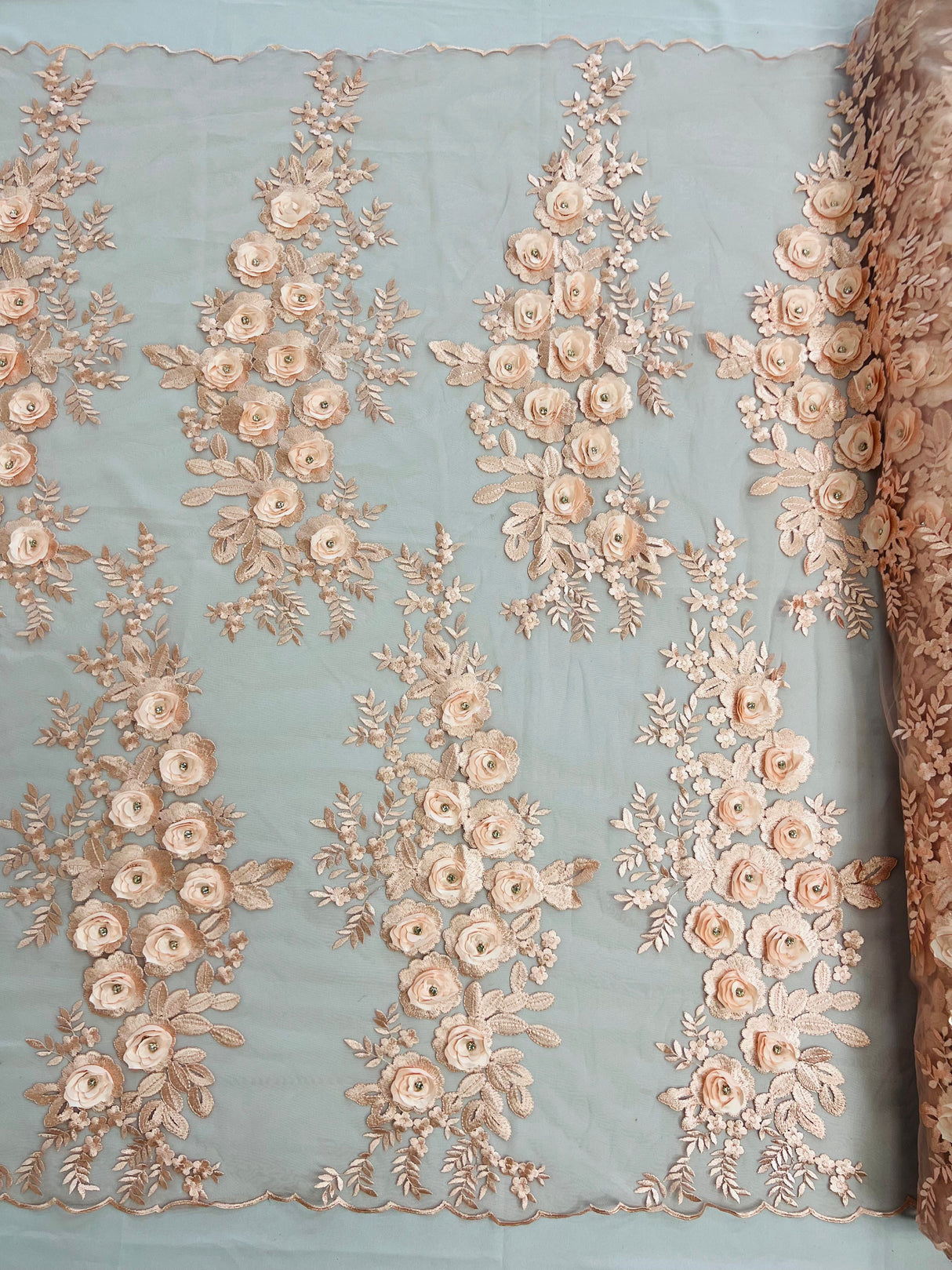 Rosa 3D Floral Design With Rhinestones Polyester Fabric - 3D Floral Embroidered Mesh Lace, 54" Width (1 Yard)