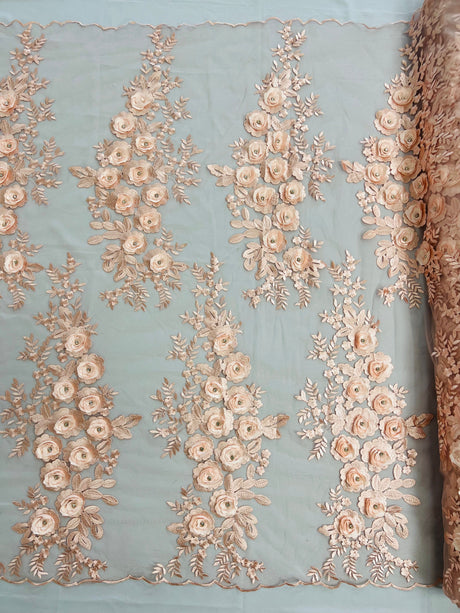 Rosa 3D Floral Design With Rhinestones Polyester Fabric - 3D Floral Embroidered Mesh Lace, 54" Width (1 Yard)