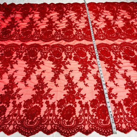 1 Yard Exquisite Corded Bridal Lace Fabric with Embroidered Floral Details White