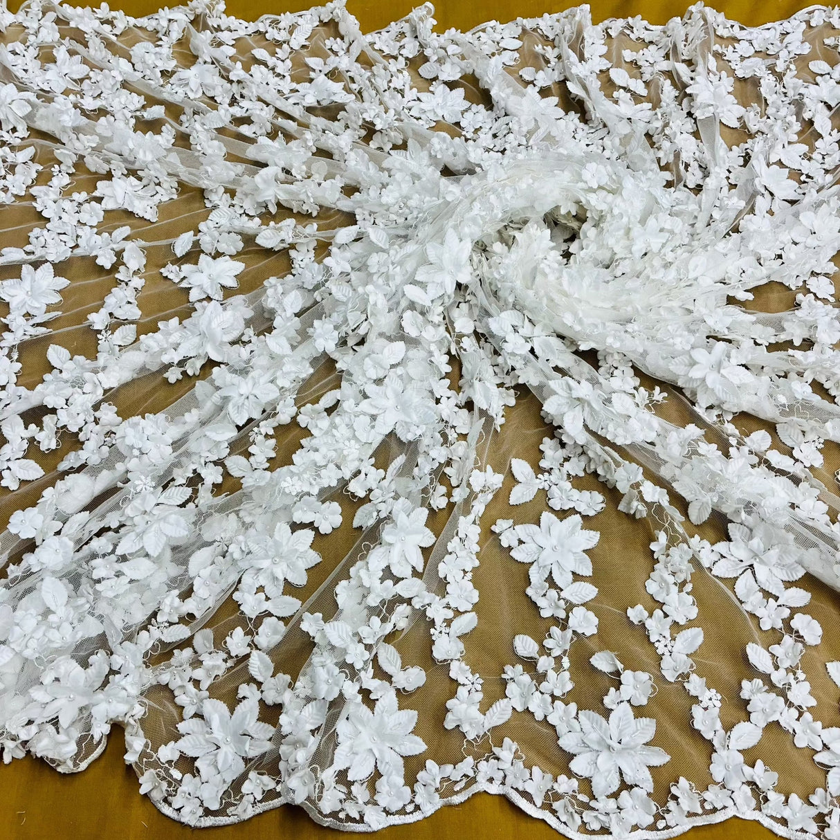 Beaded 3D Floral Lace Fabric Off White 44"