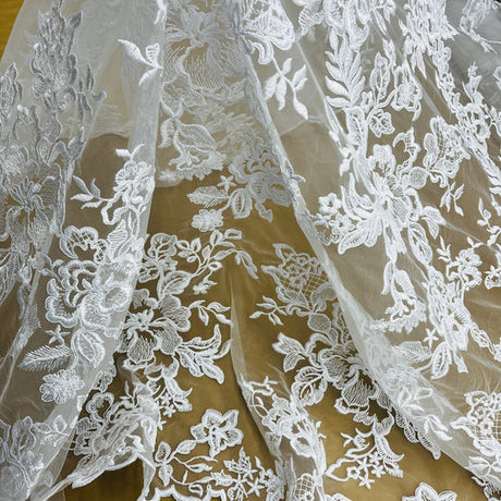 1 Yard Corded Bridal Lace Fabric Embroidered on Polyester Net Mesh 53 inch Width