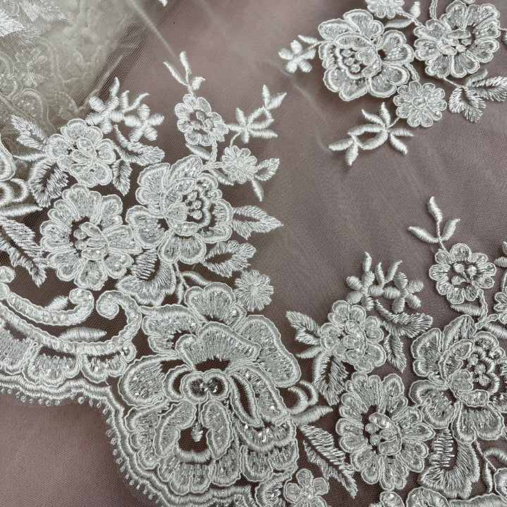 1 Yard Stunning Beaded and Corded Bridal Lace Fabric Embroidered on 100% Polyester Net Mesh White