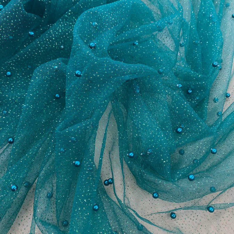 1 Yard Glitter Mesh Fabric with Scattered Pearls | 2 Way Stretch | 60" Wide | Soft Tulle for Gowns, Veils & Couture Projects