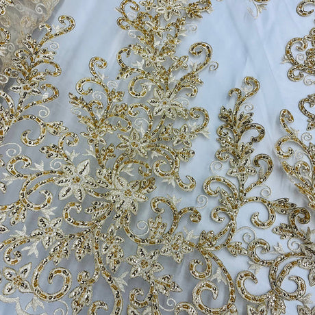 1 Yard Beaded and Corded Bridal Lace Fabric Embroidered on Polyester Net Mesh 51 inch Width
