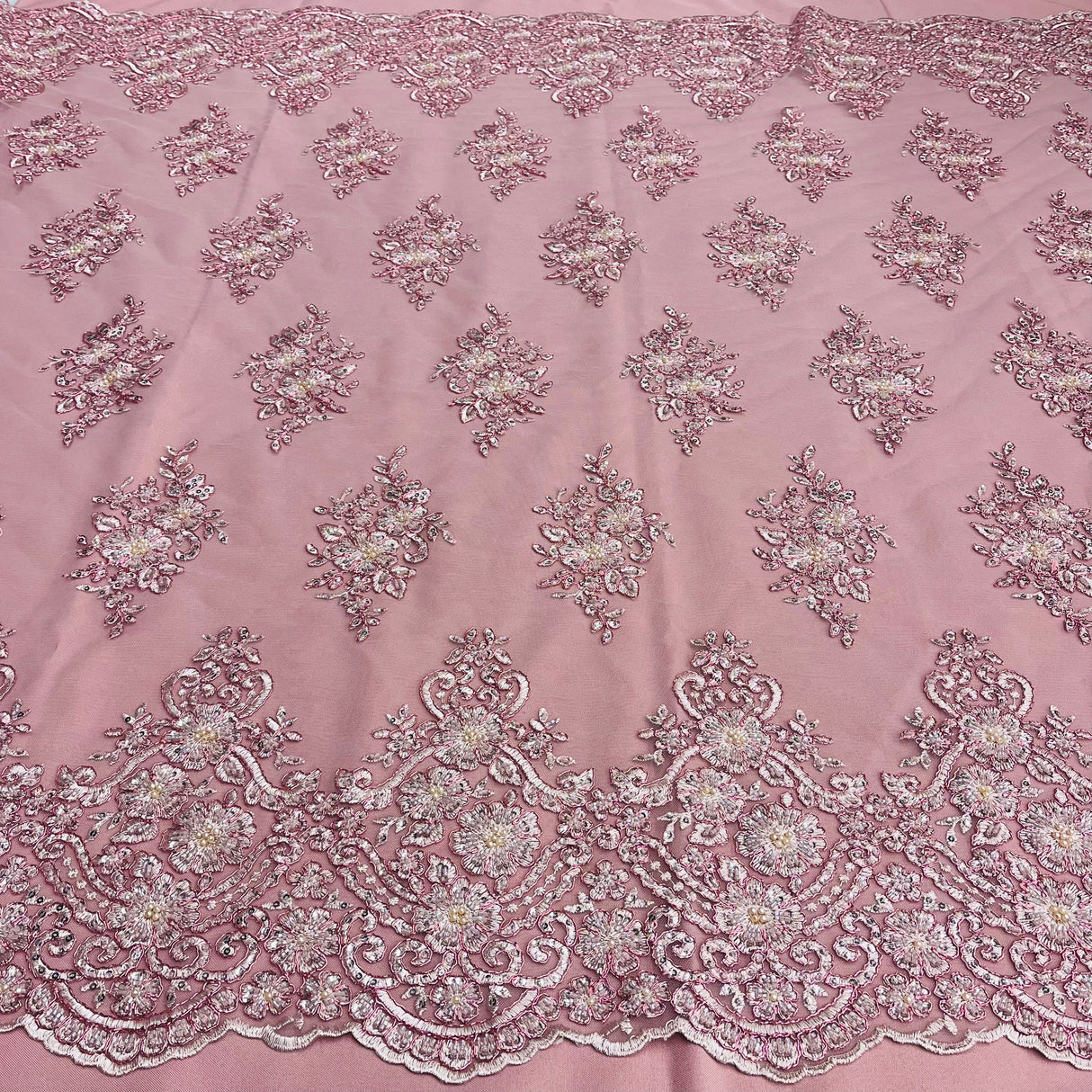 Beaded Corded Lace Fabric Metallic Scallops