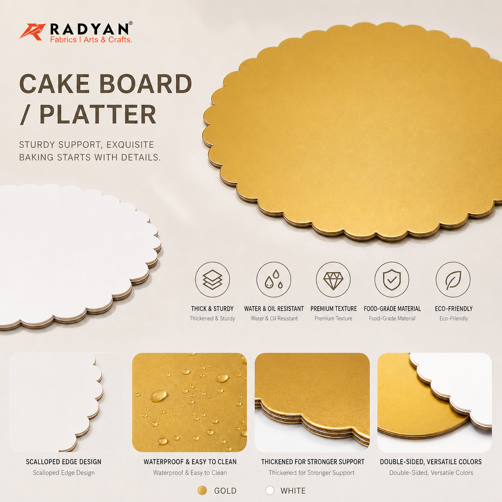 RADYAN 2mm Thick Food Grade Cake Board Waterproof Round Scalloped Cake Tray