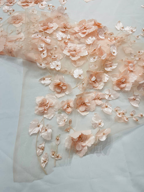 Orquidia 3D Floral Design Embroidered With Pearls Lace Fabric - 3D Floral Mesh Lace, 54" Width (1 Yard)