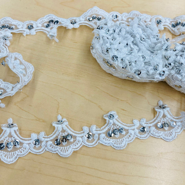 Beaded Lace Trimming White Silver