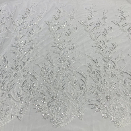 Beaded Lace Fabric Embroidered On 100 Percent Polyester Net Mesh - Gold, Silver, Ivory, White, 51" Width (1 Yard)