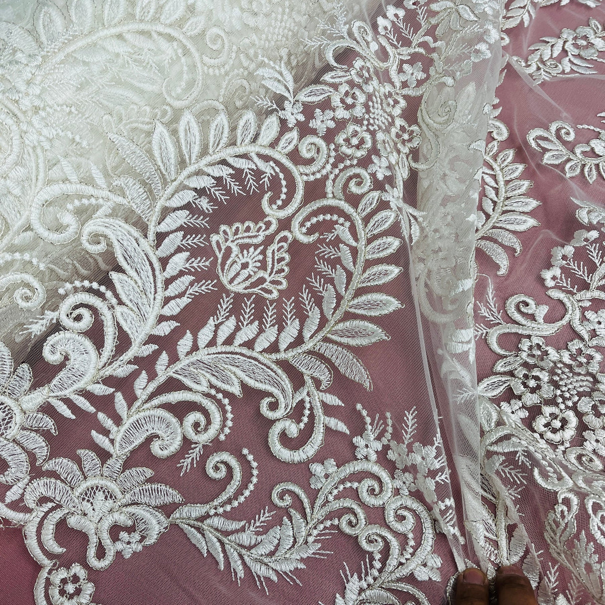 1 Yard Silver Corded Bridal Lace Fabric Embroidered on Polyester Net Mesh Floral Design 52 Inch Width
