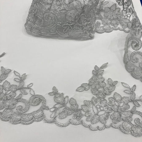Corded Lace Trimming Embroidered On 100 Percent Polyester Net Mesh Fabric - Floral Embroidered Lace Trim, 4.5" Width (1 Yard)
