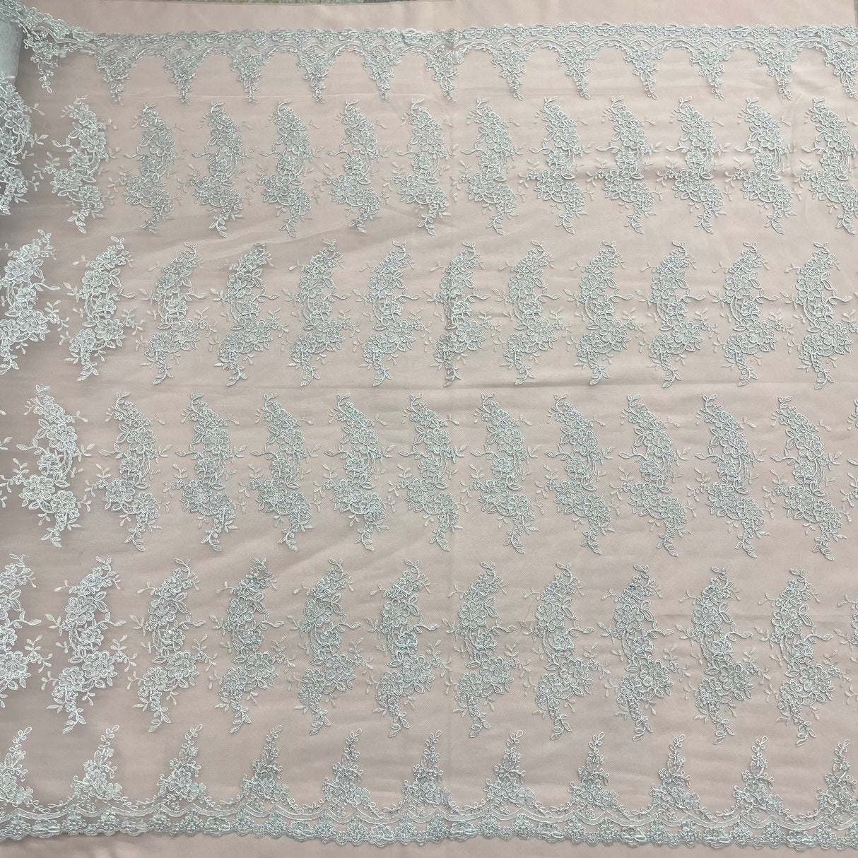 1 Yard Silver Corded Bridal Lace Fabric Embroidered on Polyester Net Mesh for Wedding and Evening Gowns – 54"