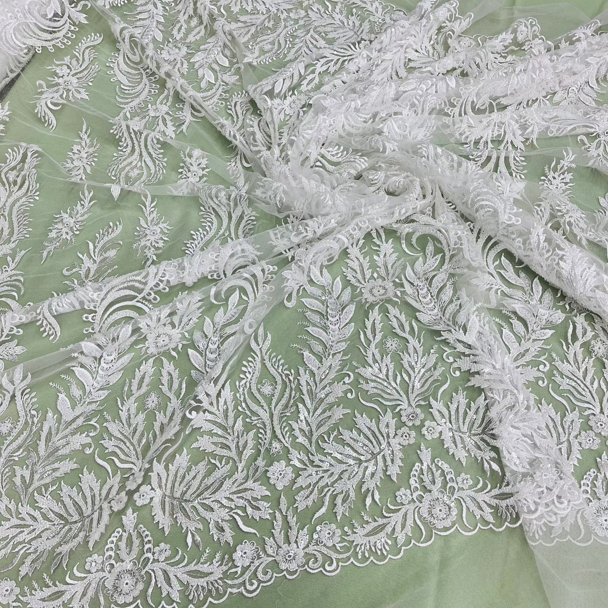 Beaded Sequined Lace Fabric Ivory