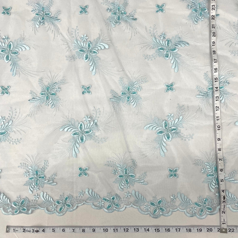 1 Yard Silver Beaded Lace Fabric Embroidered on Polyester Net Mesh for Wedding and Evening Gowns – 52"