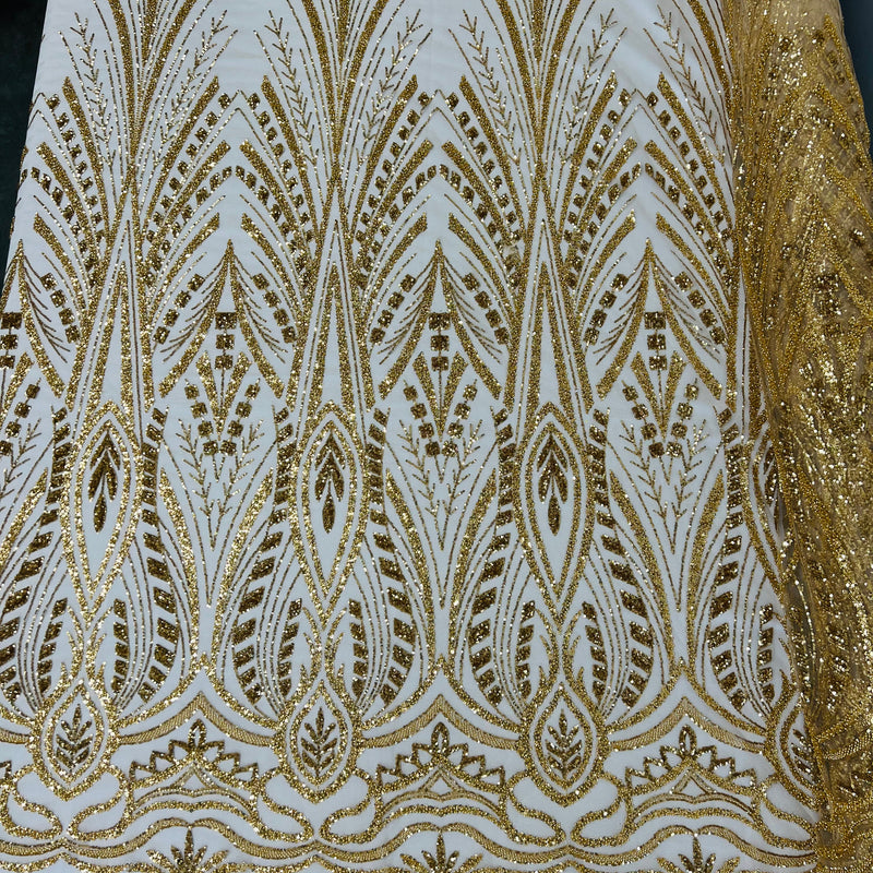 Heavy Beaded Damask Lace Polyester Fabric - Embroidered Beaded Mesh Lace, Double Scallop, 54" Width (1 Yard)