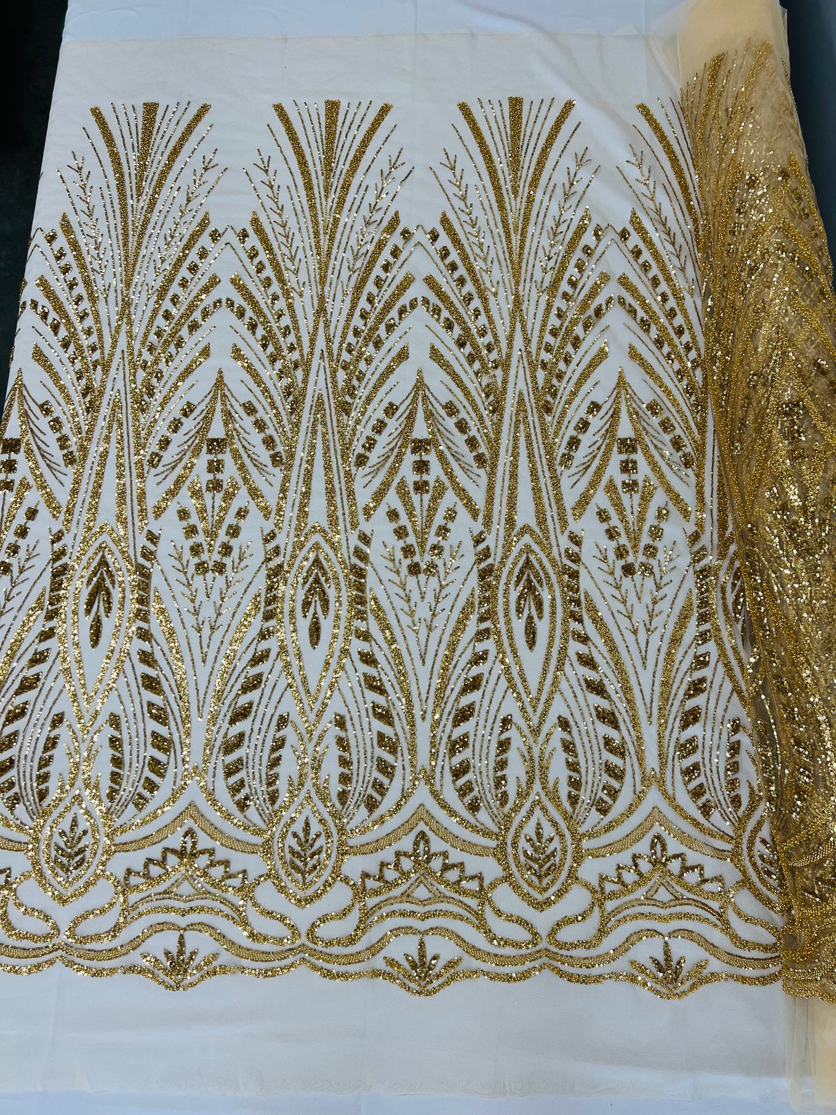 Heavy Beaded Damask Lace Polyester Fabric - Embroidered Beaded Mesh Lace, Double Scallop, 54" Width (1 Yard)