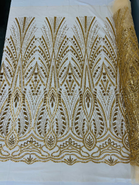 Heavy Beaded Damask Lace Polyester Fabric - Embroidered Beaded Mesh Lace, Double Scallop, 54" Width (1 Yard)