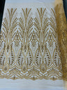 Heavy Beaded Damask Lace Polyester Fabric - Embroidered Beaded Mesh Lace, Double Scallop, 54" Width (1 Yard)