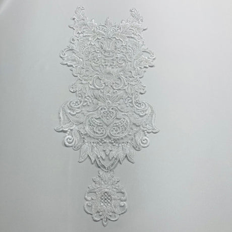 Beaded Corded Lace Medallion Applique Polyester Fabric - Gold, Ivory, White, 25" X 10.5" (1 Piece)