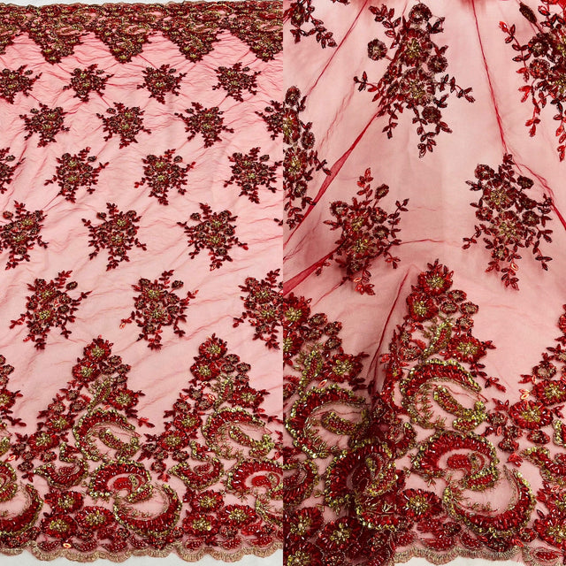 Beaded Sequined Lace Fabric on Polyester Mesh