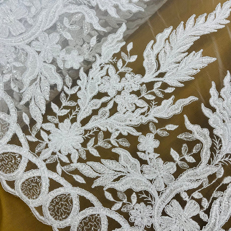1 Yard Beaded and Corded Bridal Fabric Lace Embroidered on Polyester Net Mesh 51 inch Width