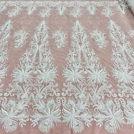 1 Yard Beaded Lace Fabric Embroidered With Fuzzy Thread on 100% Polyester Net Mesh