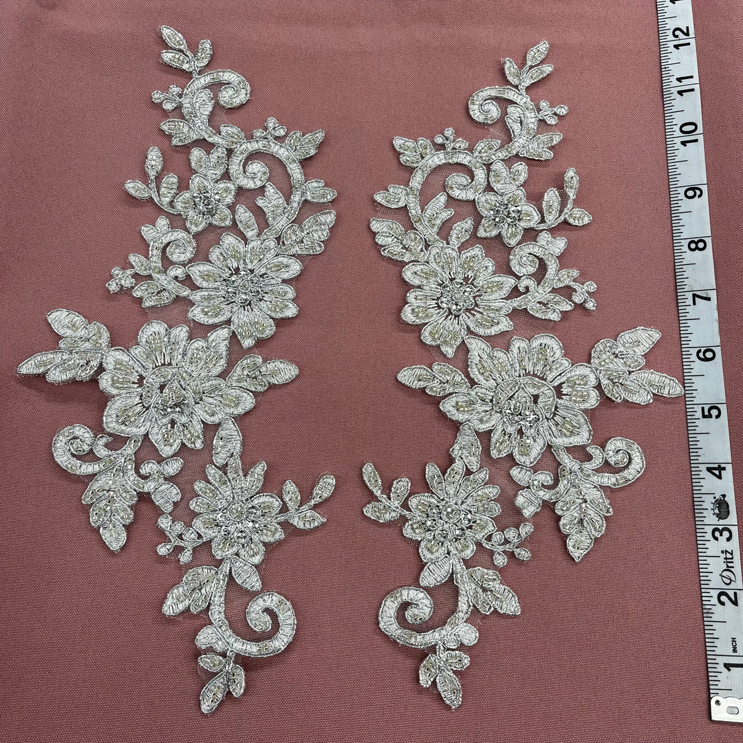 1 Pair Beaded & Corded Floral Lace Applique 100% Polyester Net Mesh 12.5" x 5"