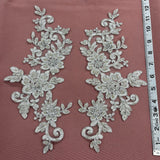 1 Pair Beaded & Corded Floral Lace Applique 100% Polyester Net Mesh 12.5" x 5"