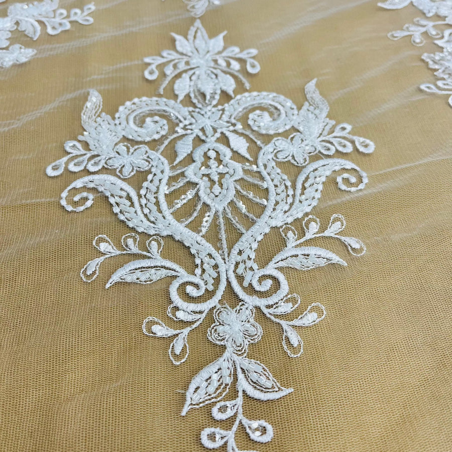 1 Yard Elegant Beaded Lace Fabric Embroidered on Polyester Net Mesh White Ivory and Gold