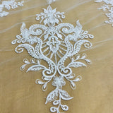 1 Yard Elegant Beaded Lace Fabric Embroidered on Polyester Net Mesh White Ivory and Gold