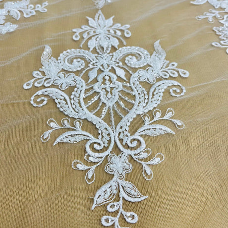 1 Yard Elegant Beaded Lace Fabric Embroidered on Polyester Net Mesh White Ivory and Gold