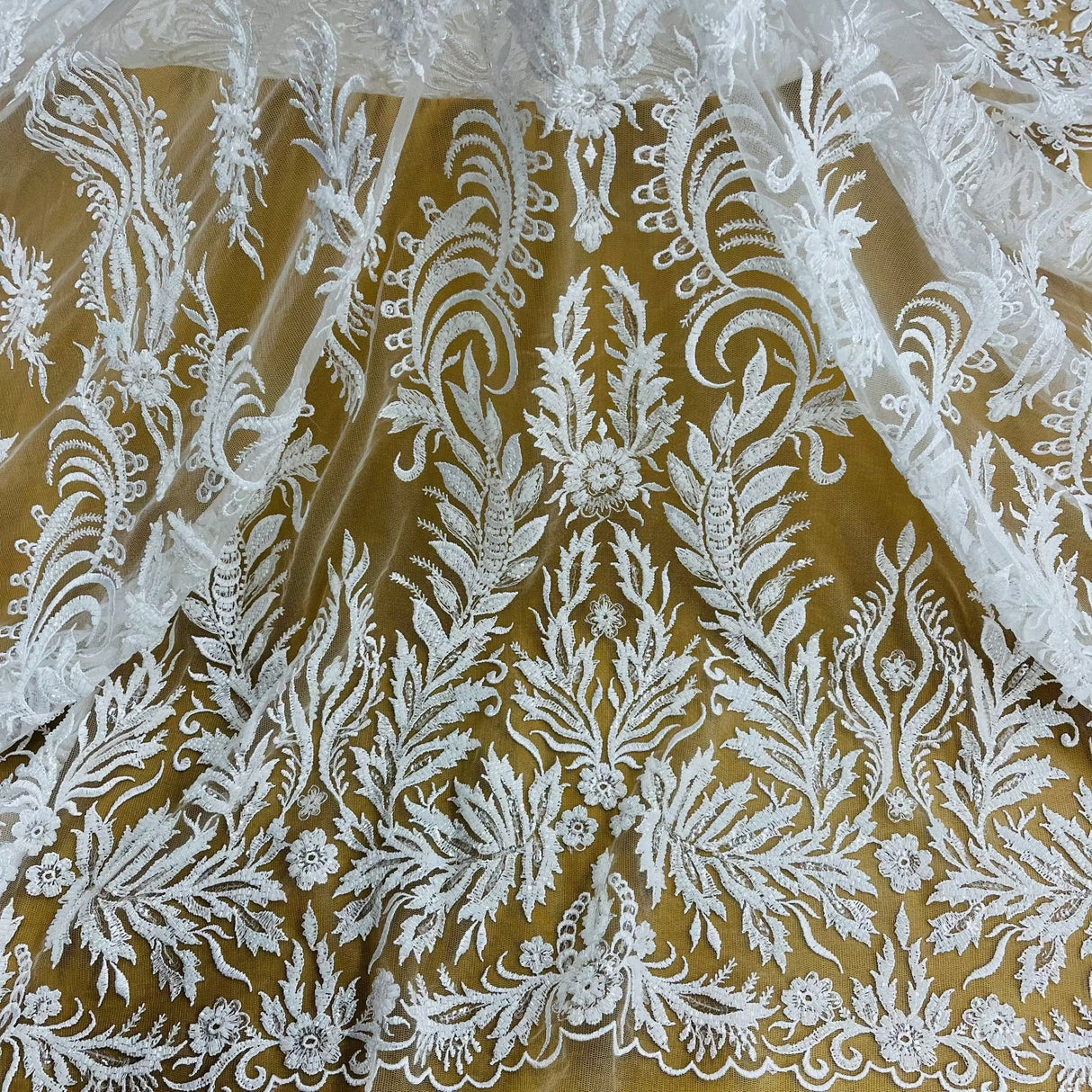 Beaded Sequined Lace Fabric Ivory