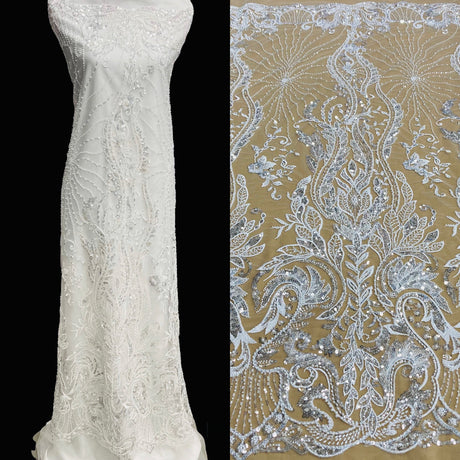 1 Yard Beaded Lace Fabric Embroidered on 100% Polyester Net Mesh