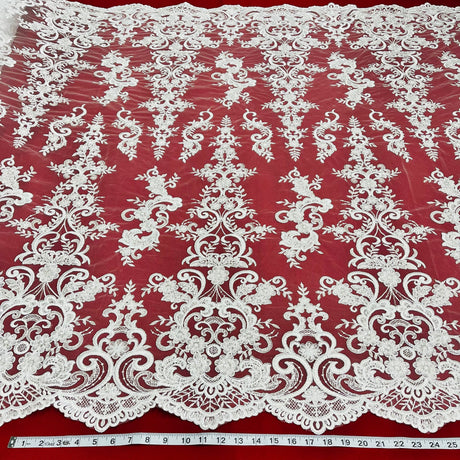 Ethereal Elegance Beaded Corded Bridal Embroidered Lace Polyester Fabric - White, Gold, Ivory, Silver, Rose Gold, 54" Width (1 Yard)