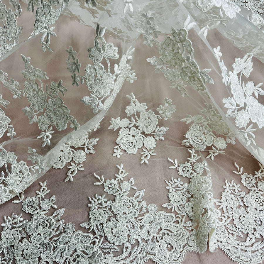 1 Yard Ivory with Silver Beaded and Corded Bridal Lace Fabric on Polyester Net Mesh 51 Inch Width