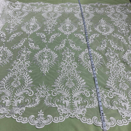 1 Yard Beaded Corded Bridal Lace Fabric Embroidered 100 Percent Polyester Net Mesh 52 inch Width