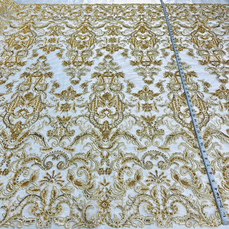 1 Yard Beaded & Corded Bridal Lace Fabric Embroidered on 100% Polyester Net Mesh